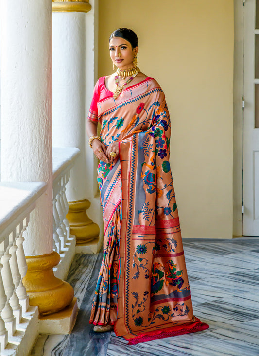 Rose Gold Paithani Silk Zari Woven Saree