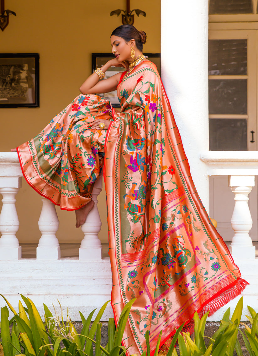 Peach Paithani Silk Zari Woven Saree