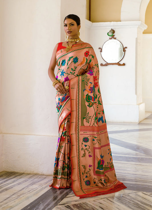 Peach Paithani Silk Zari Woven Saree