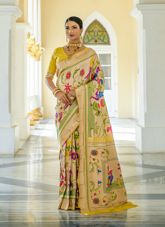 Beige Paithani Silk Zari Woven Saree