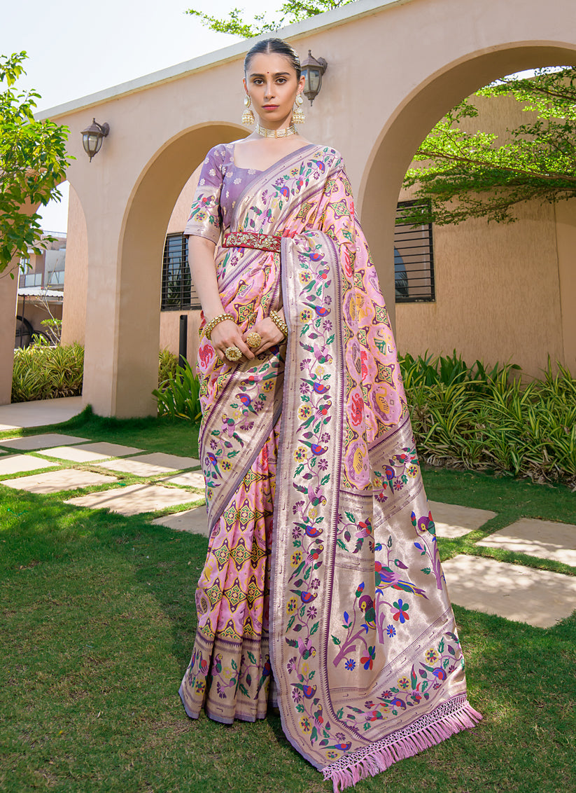 Baby Pink Paithani Silk Zari Woven Saree