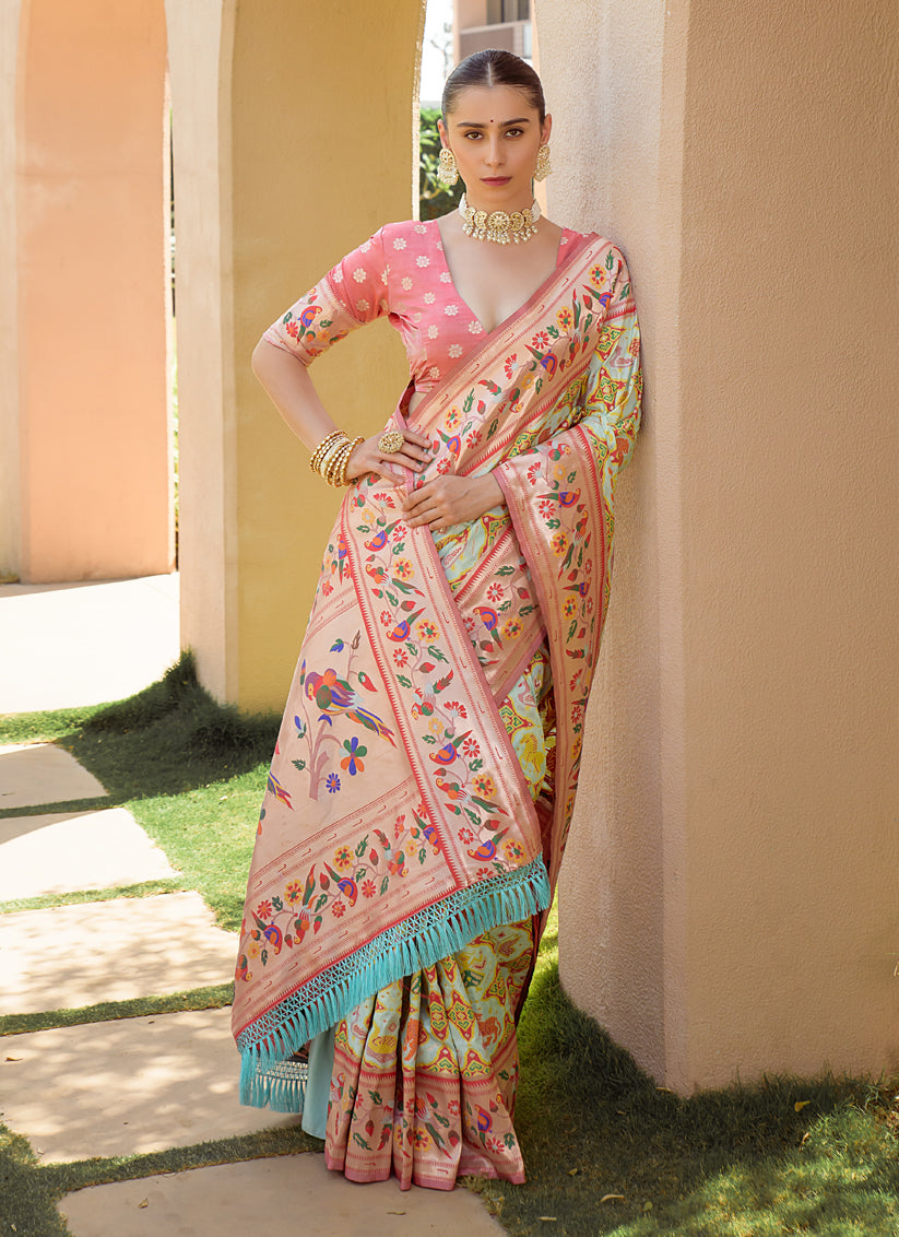 Off White Paithani Silk Zari Woven Saree