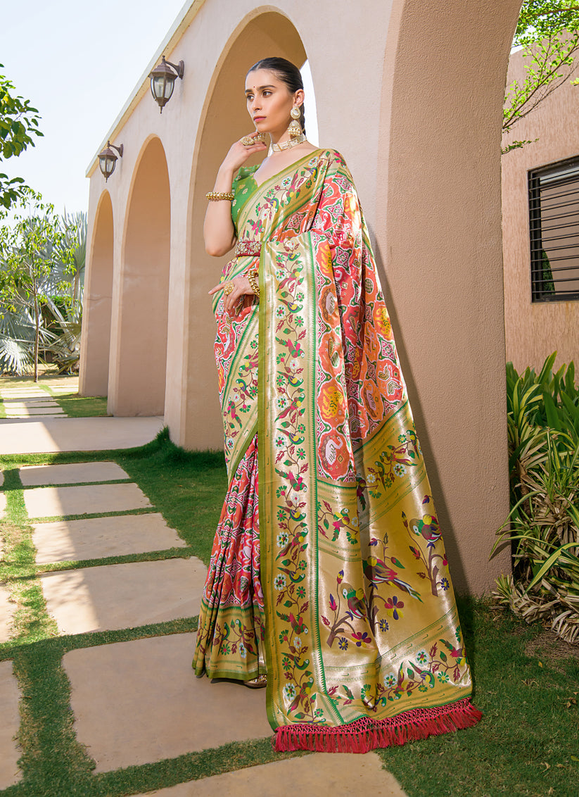 Peach Paithani Silk Zari Woven Saree