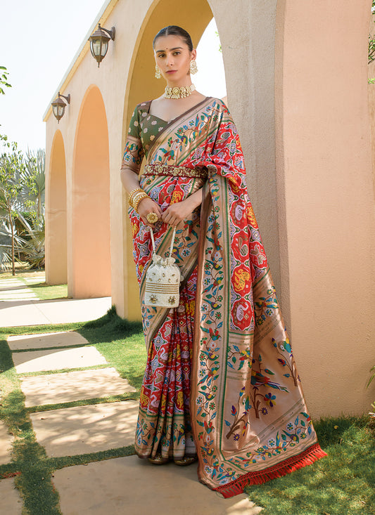 Red Paithani Silk Zari Woven Saree