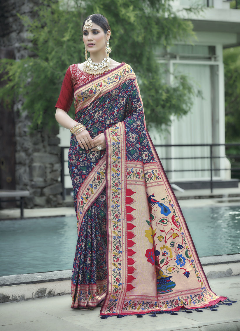 Navy Blue Paithani Patola Printed Saree