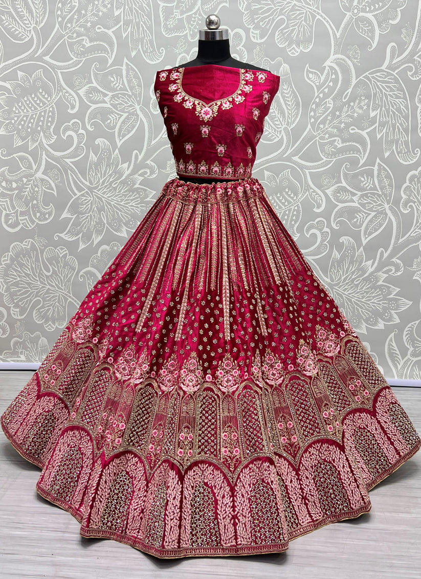 Rani Pink Velvet Designer Wedding Lehenga Choli