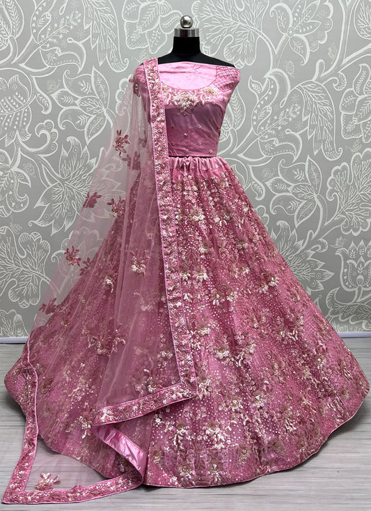 Pink Net Embroidered Designer Lehenga Choli