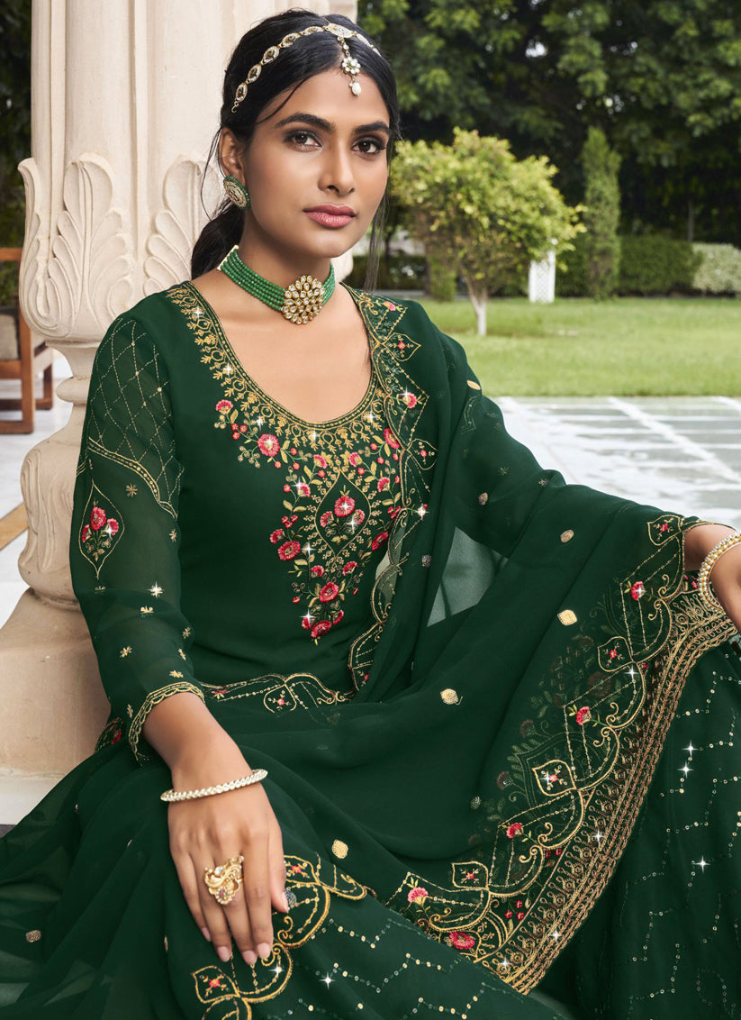 Forest Green Georgette Embroidered Palazzo Kameez