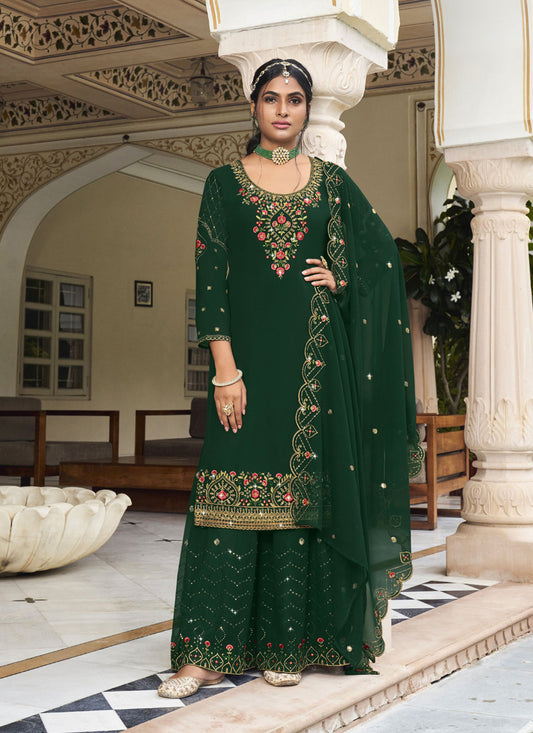Forest Green Georgette Embroidered Palazzo Kameez
