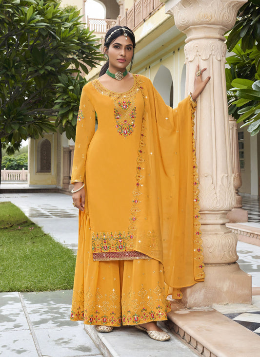 Mustard Georgette Embroidered Palazzo Kameez
