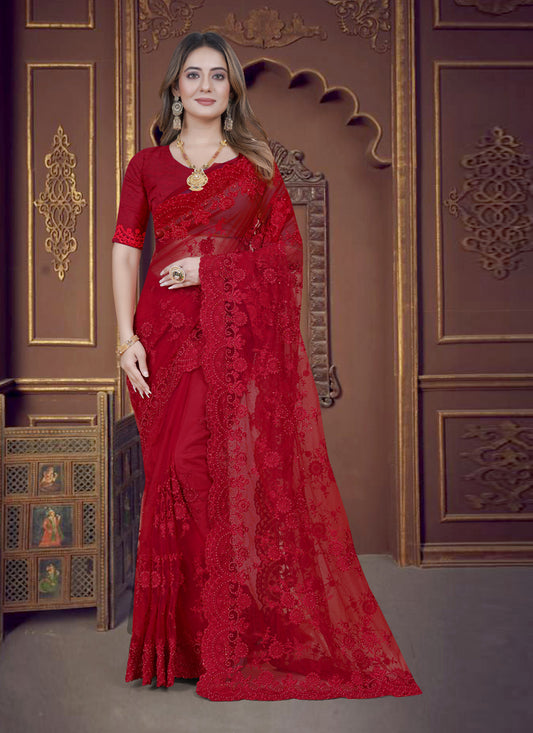 Red Net Party Wear Saree
