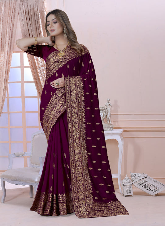 Wine Silk Embroidered Saree