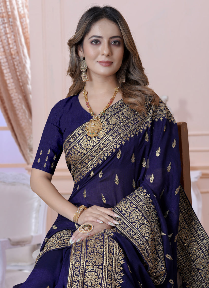 Navy Blue Silk Embroidered Saree