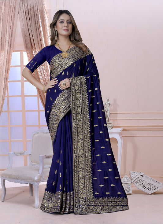 Navy Blue Silk Embroidered Saree