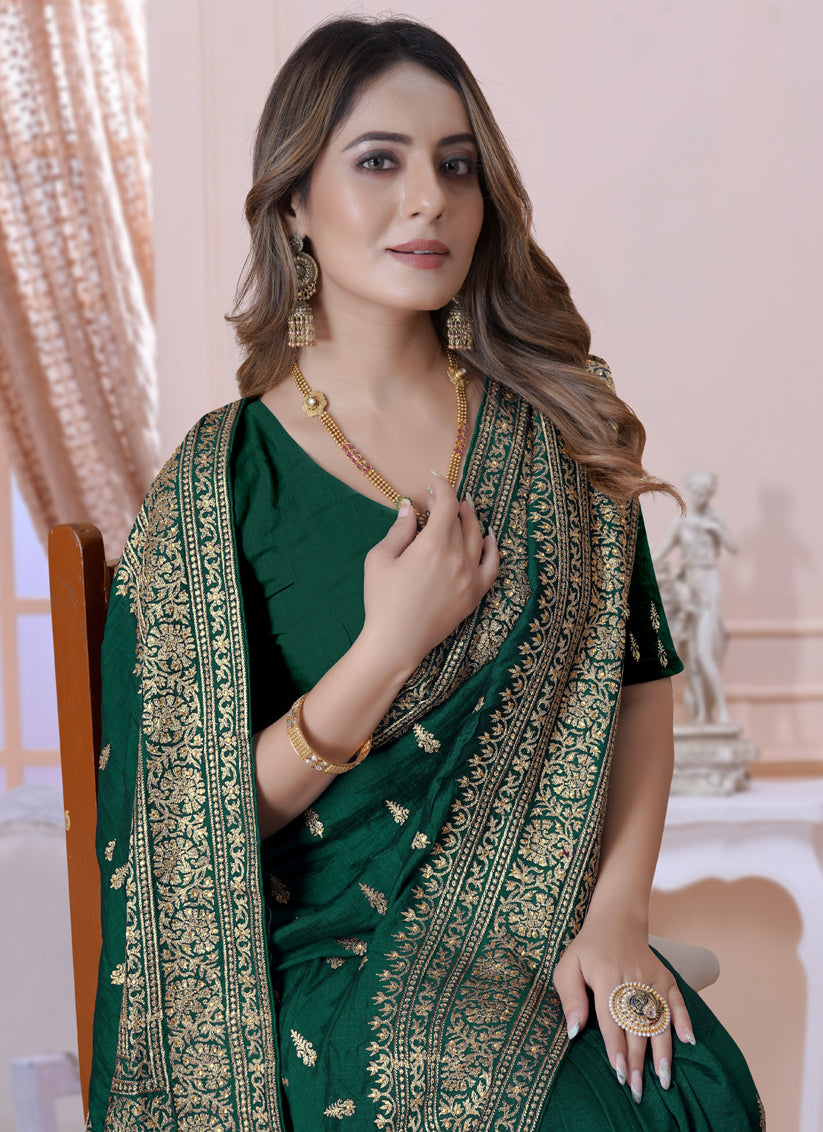 Forest Green Silk Embroidered Saree