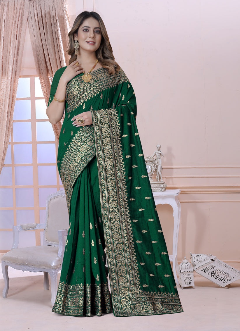 Forest Green Silk Embroidered Saree