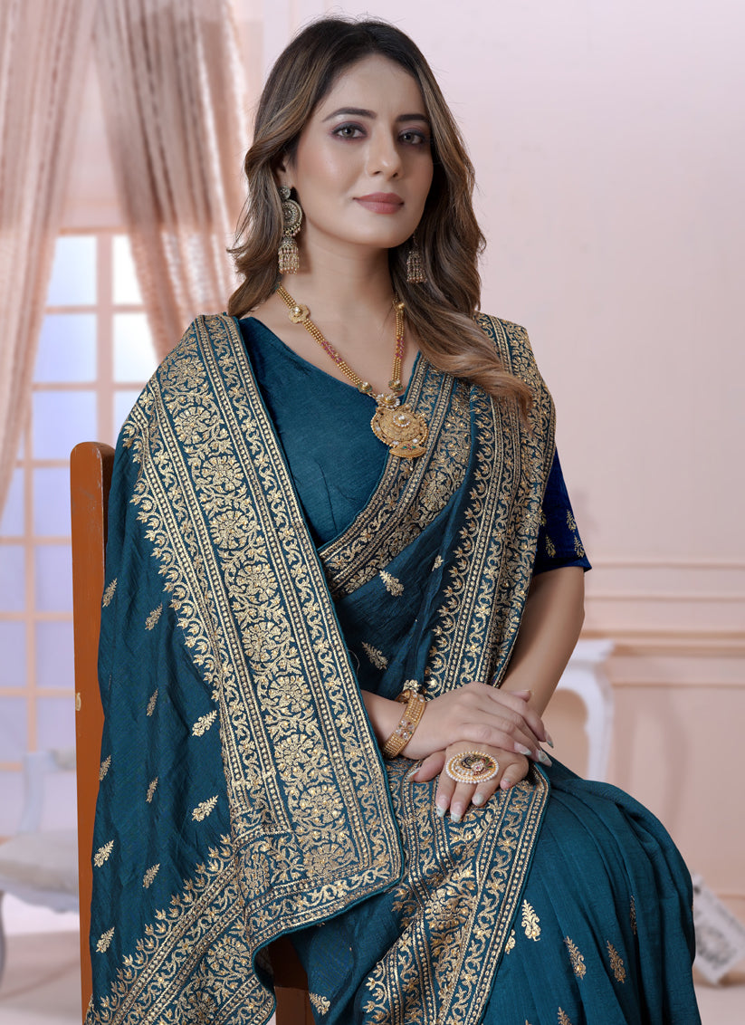 Peacock Blue Silk Embroidered Saree