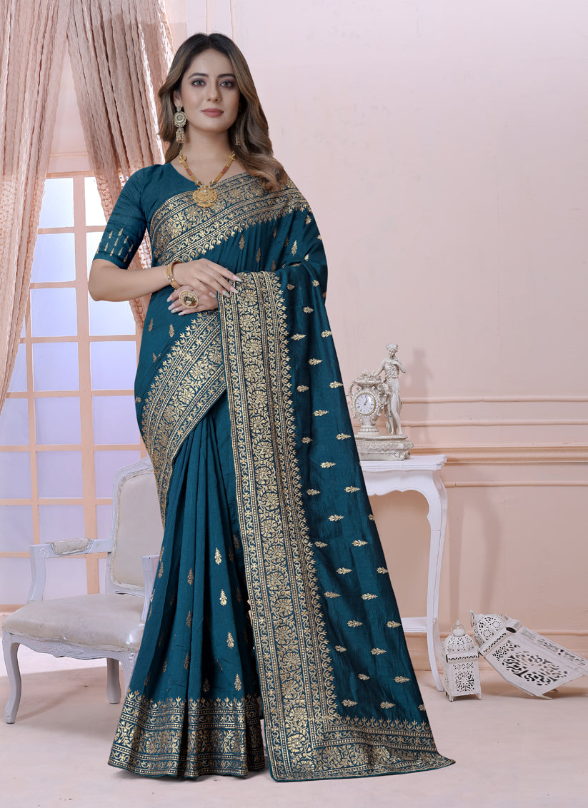 Peacock Blue Silk Embroidered Saree