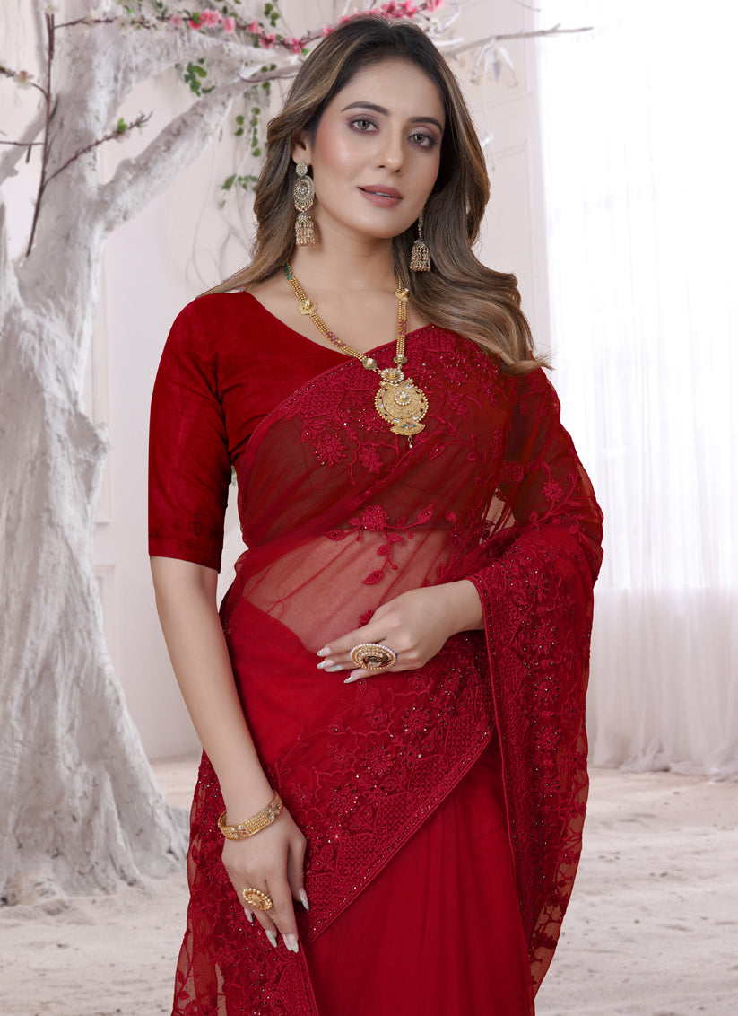 Red Net Heavy Embroidred Saree