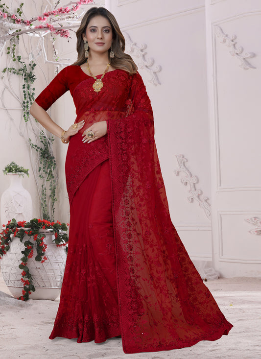 Red Net Heavy Embroidred Saree