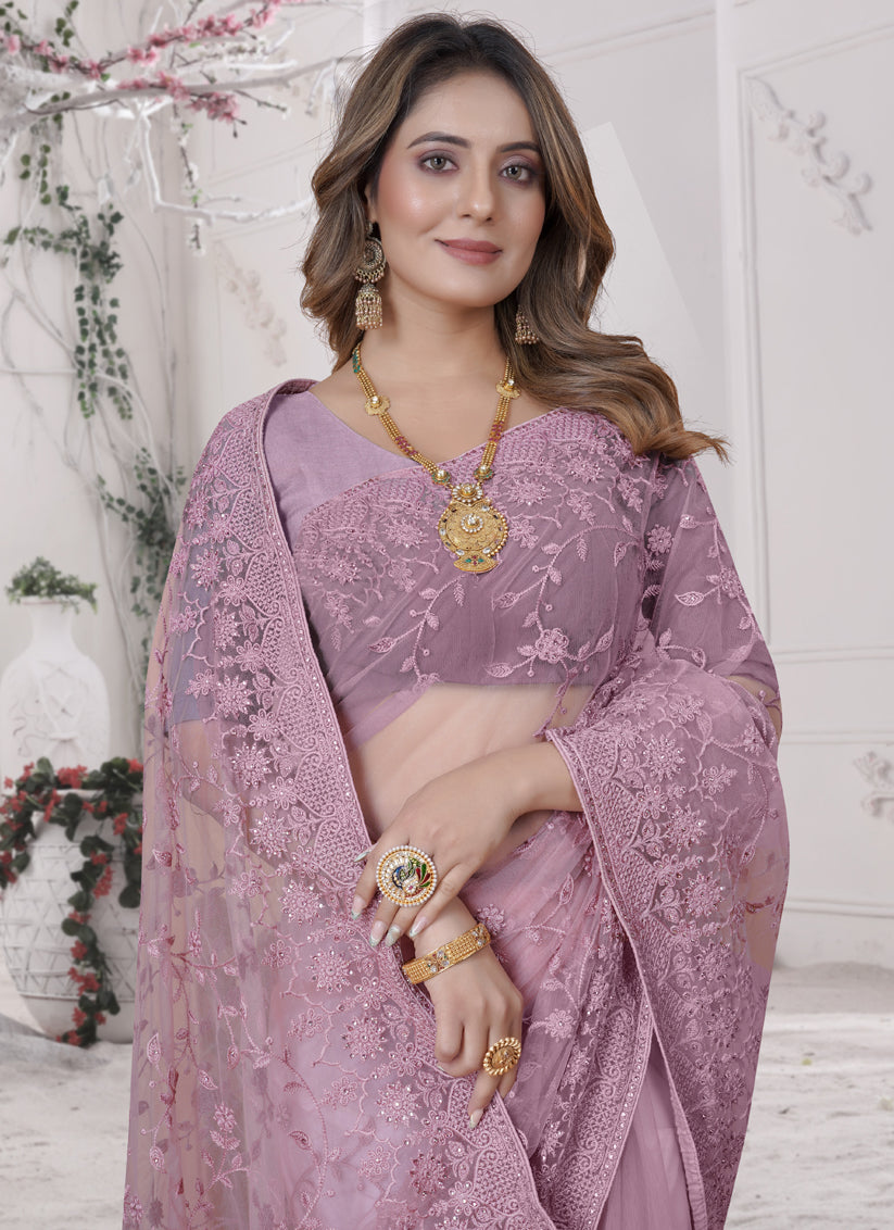 Dusty Pink Net Heavy Embroidred Saree