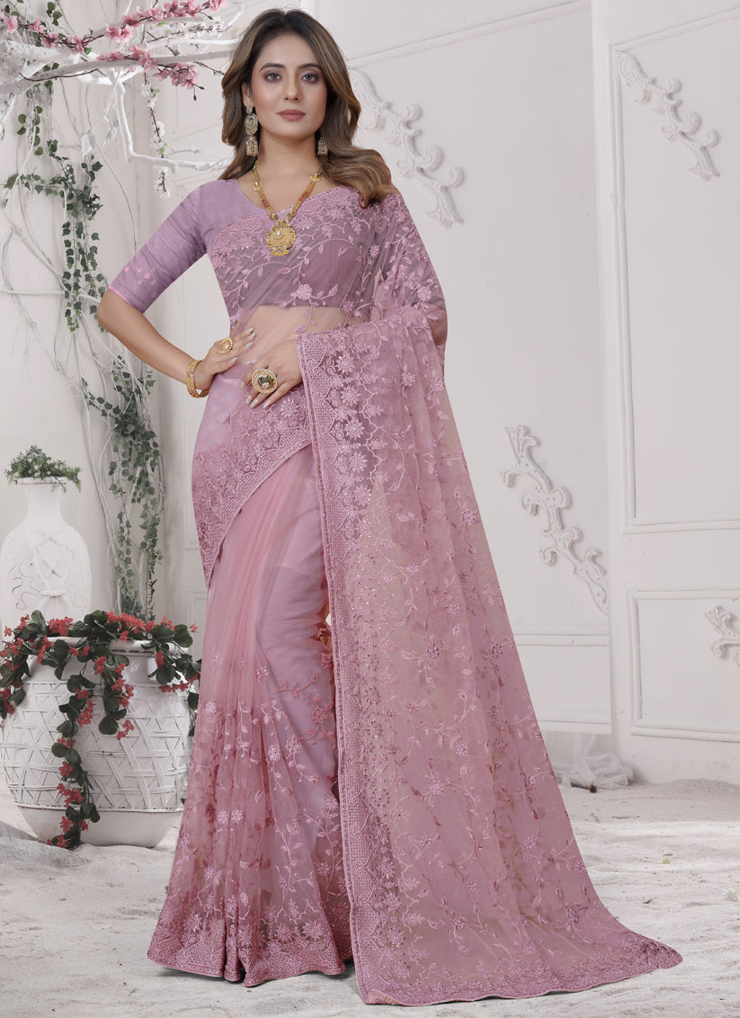 Dusty Pink Net Heavy Embroidred Saree