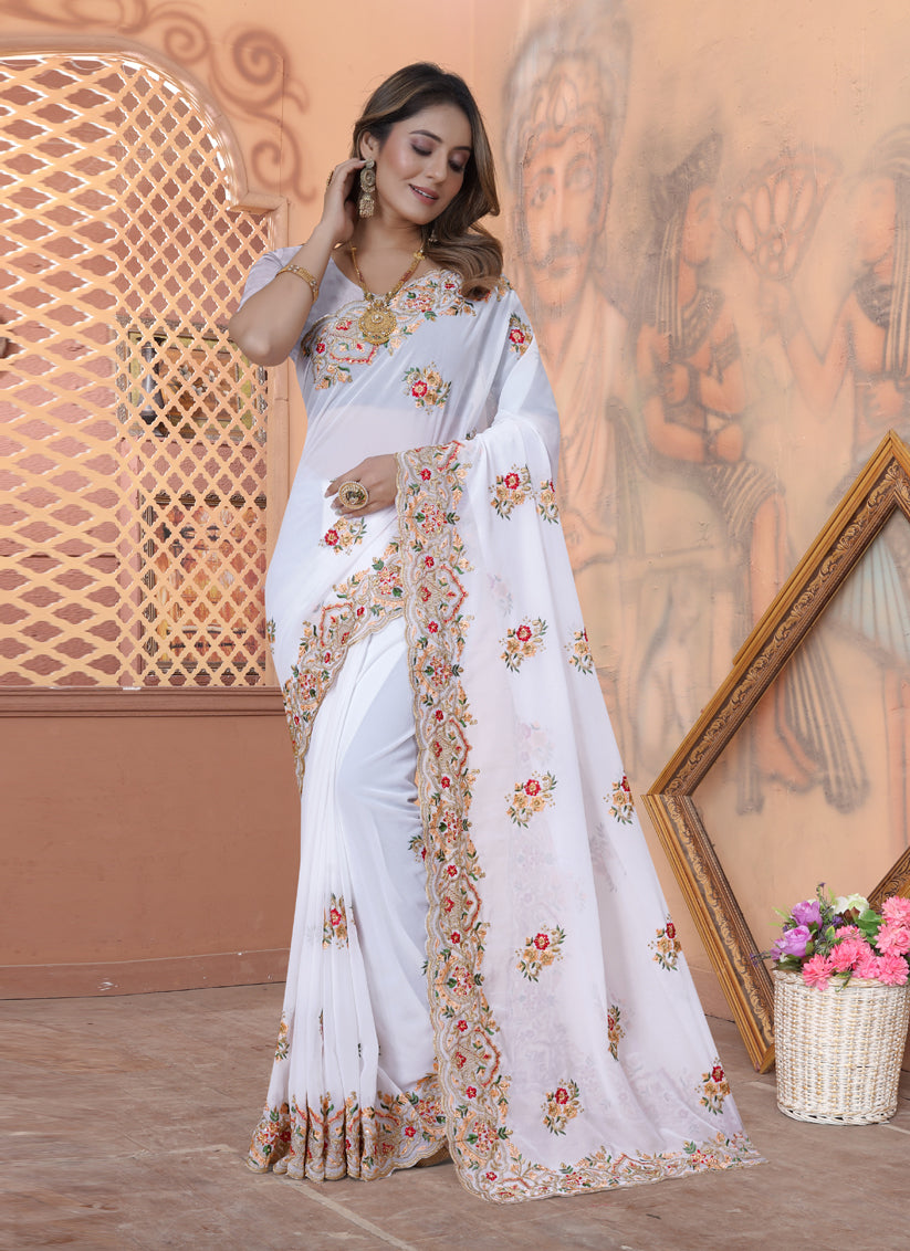 White Georgette Embroidered Saree