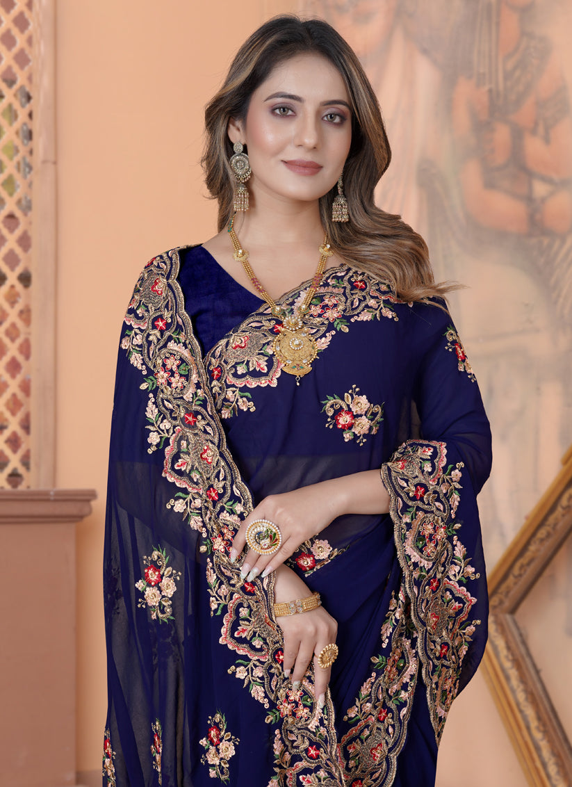 Navy Blue Georgette Embroidered Saree