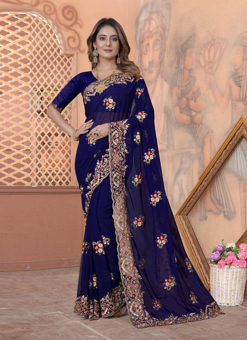 Navy Blue Georgette Embroidered Saree