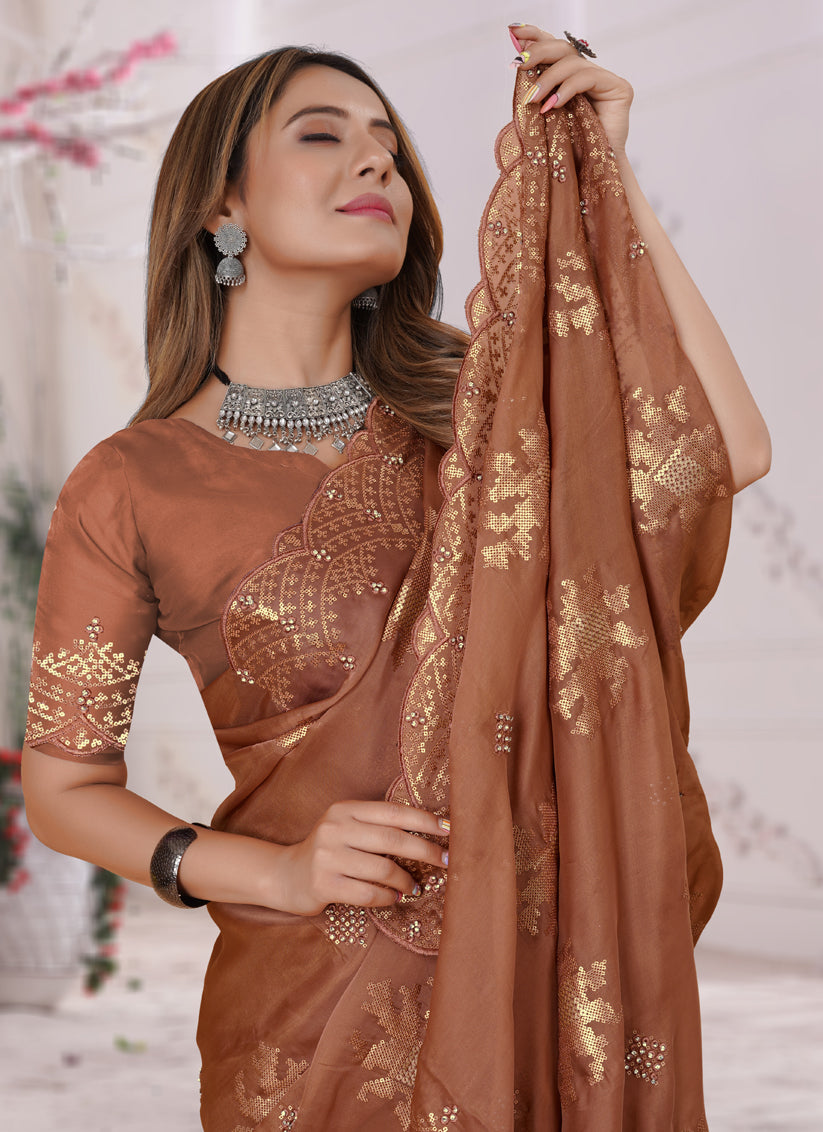 Rust Organza Soft Silk Embroidered Saree