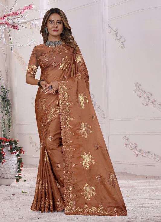 Rust Organza Soft Silk Embroidered Saree