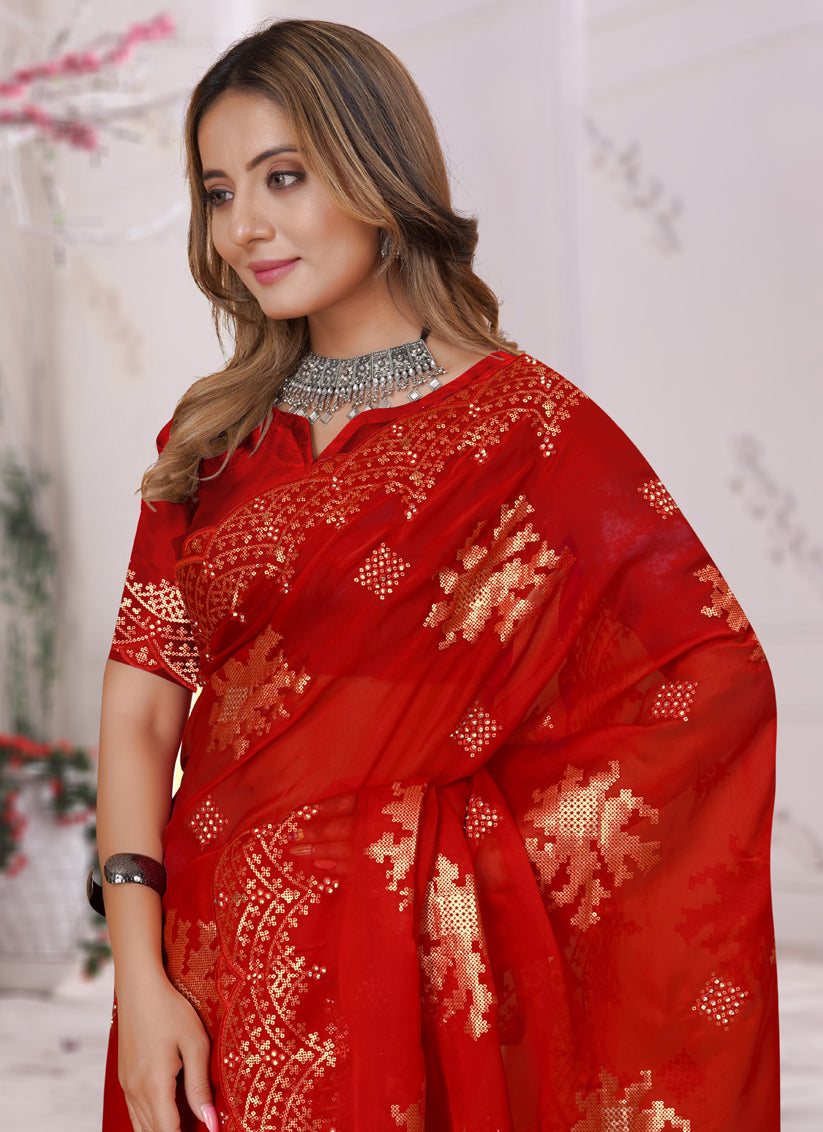 Red Organza Soft Silk Embroidered Saree