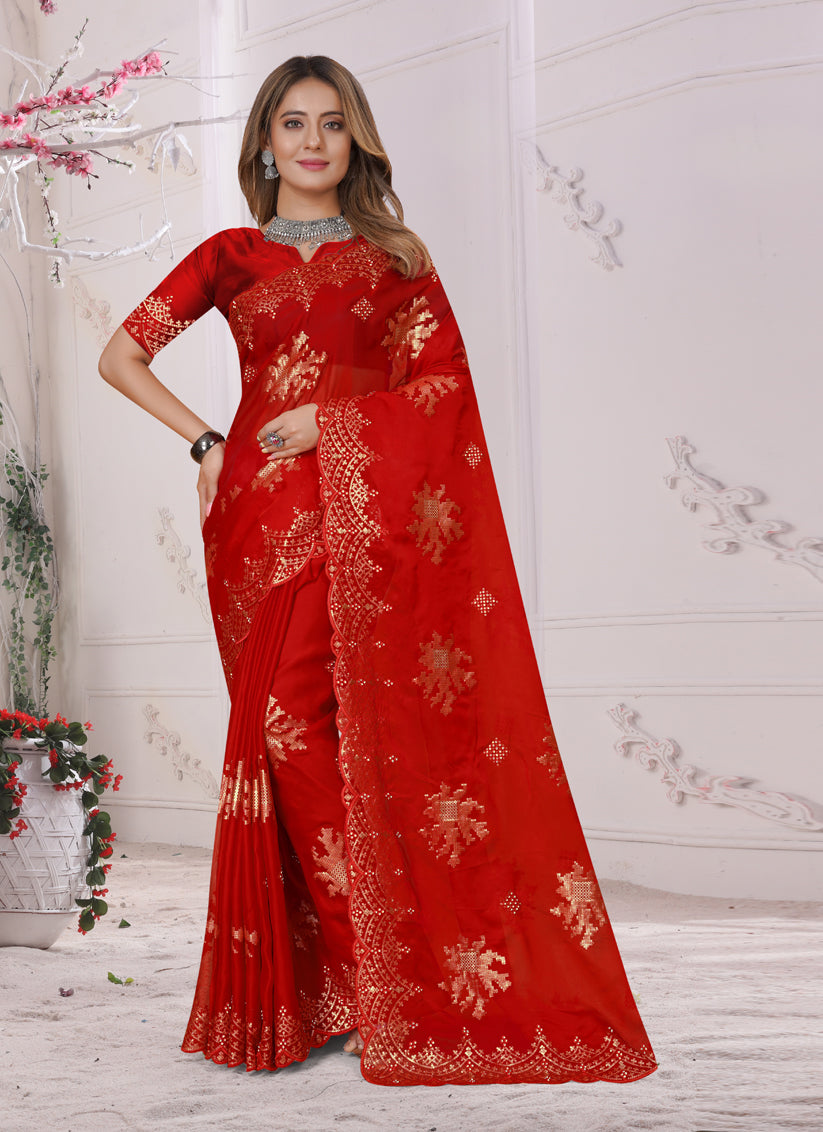 Red Organza Soft Silk Embroidered Saree