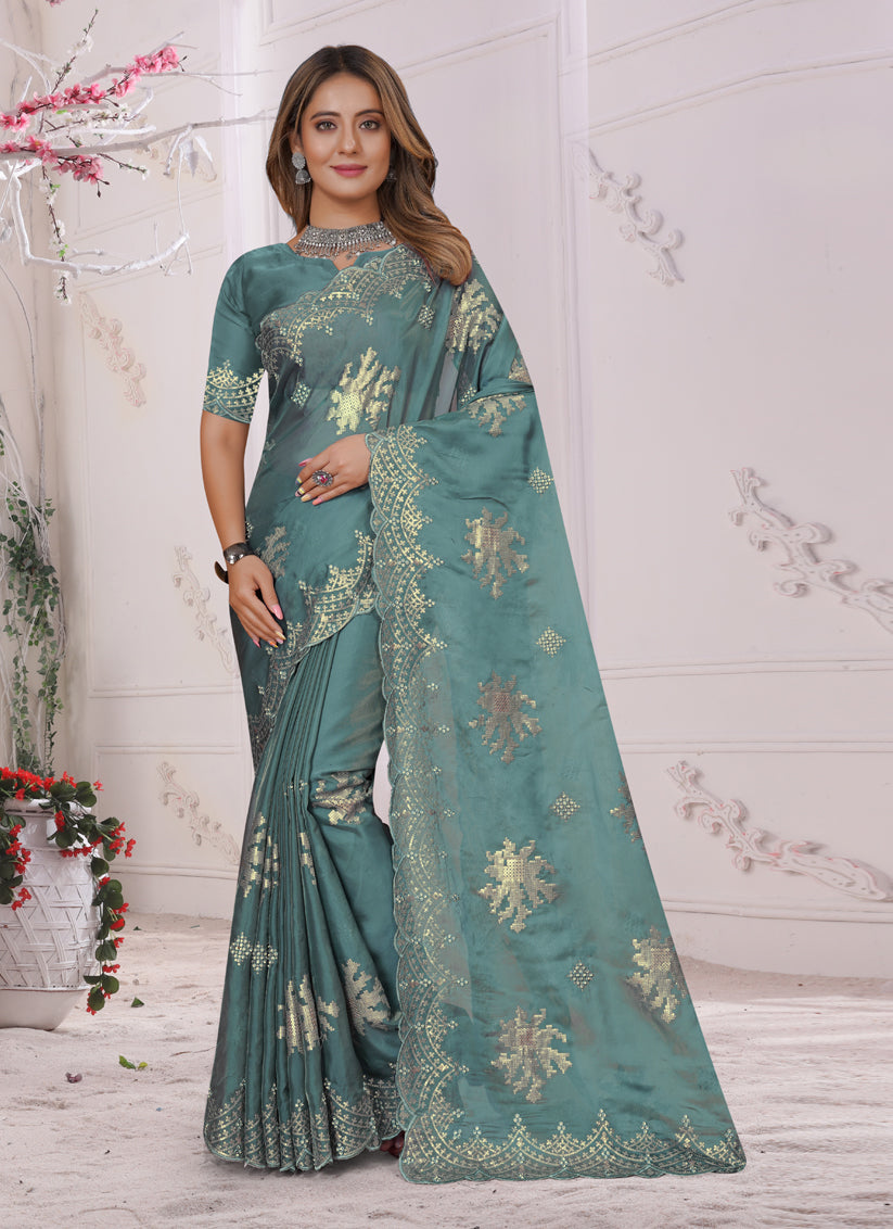 Dusty Sky Blue Organza Soft Silk Embroidered Saree