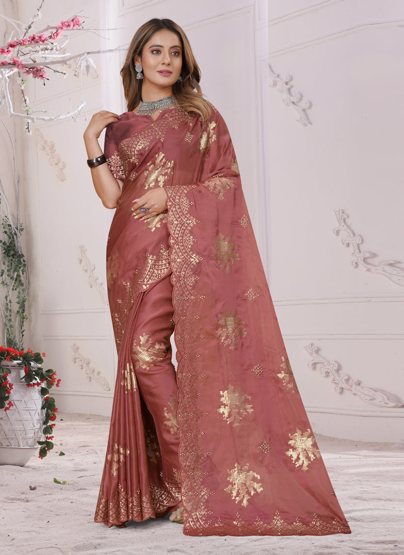 Peach Organza Soft Silk Embroidered Saree