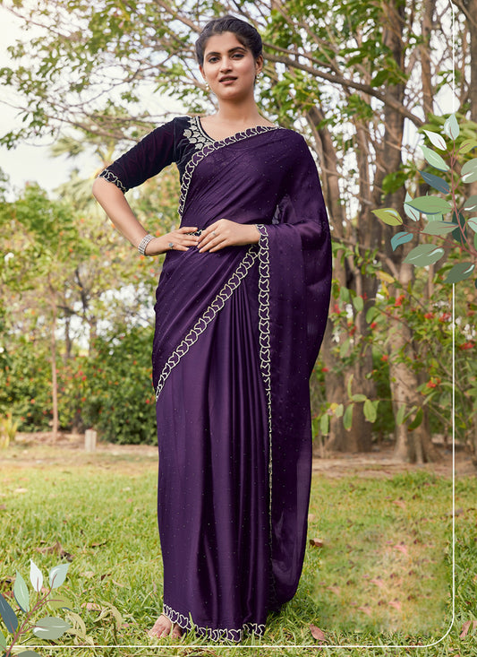 Purple Satin Silk Chiffon Party Wear Saree