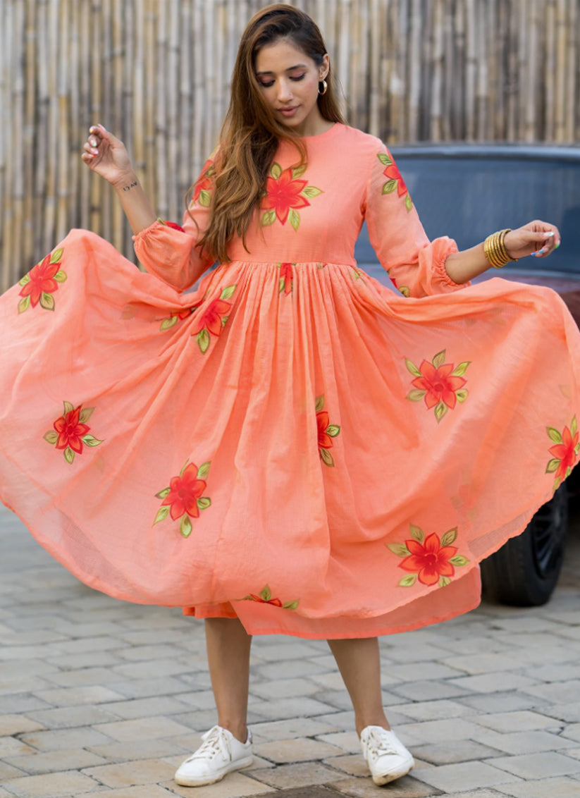Peach Art Silk Digital Print work Kurti