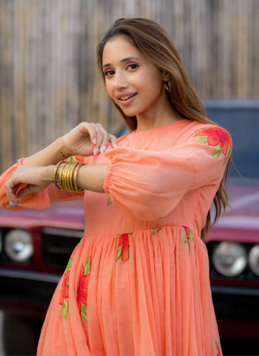 Peach Art Silk Digital Print work Kurti