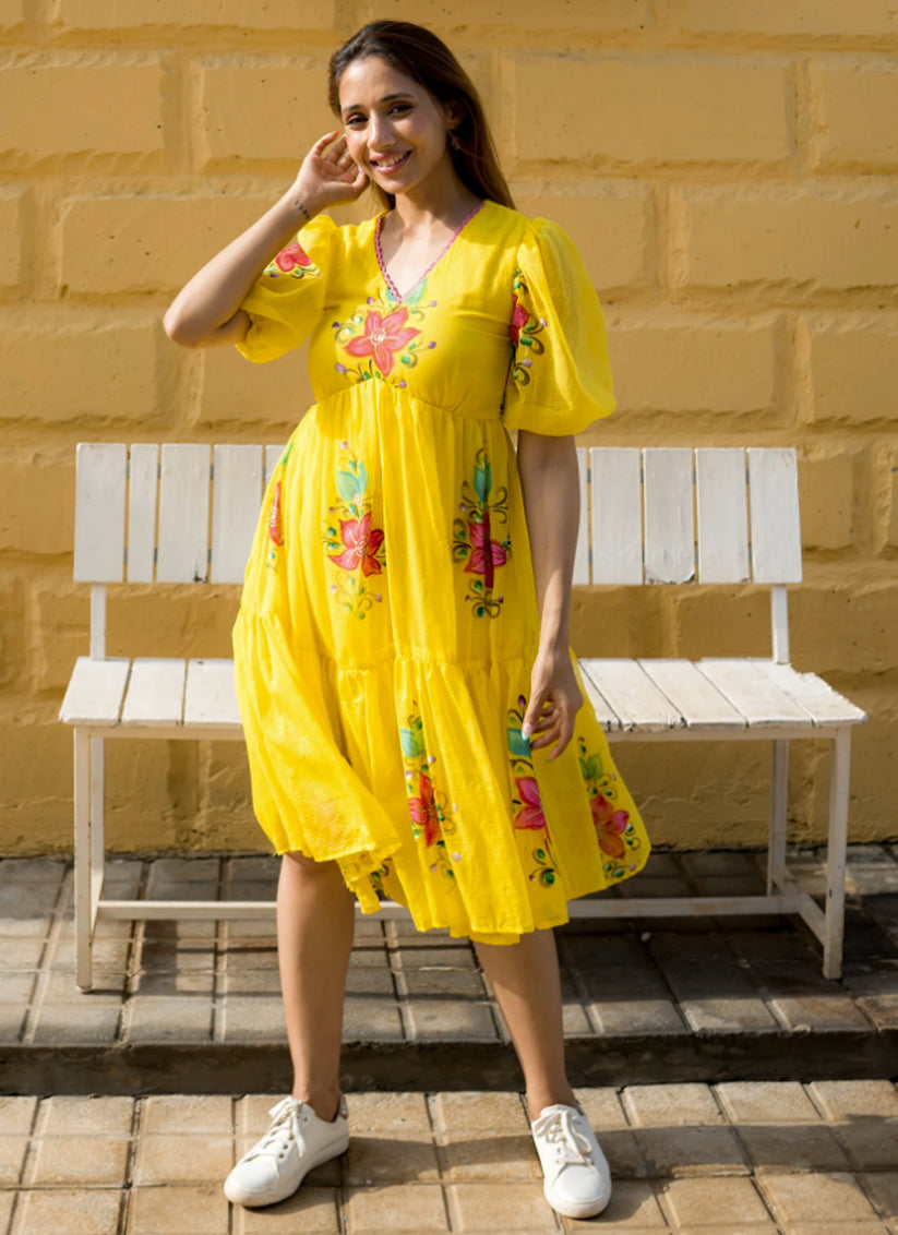 Yellow Art Silk Digital Print work Kurti