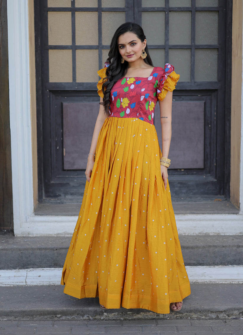 Mustard Yellow Muslin Embroidered Floral Gown