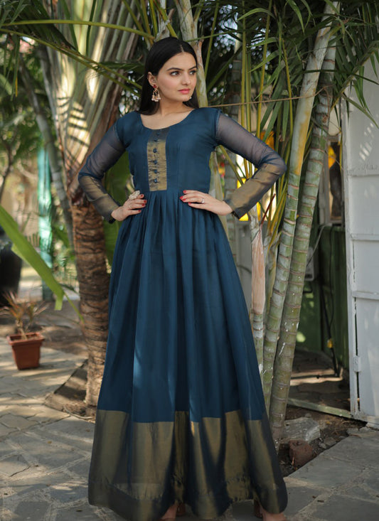 Teal Blue Chiffon Party Wear Gown