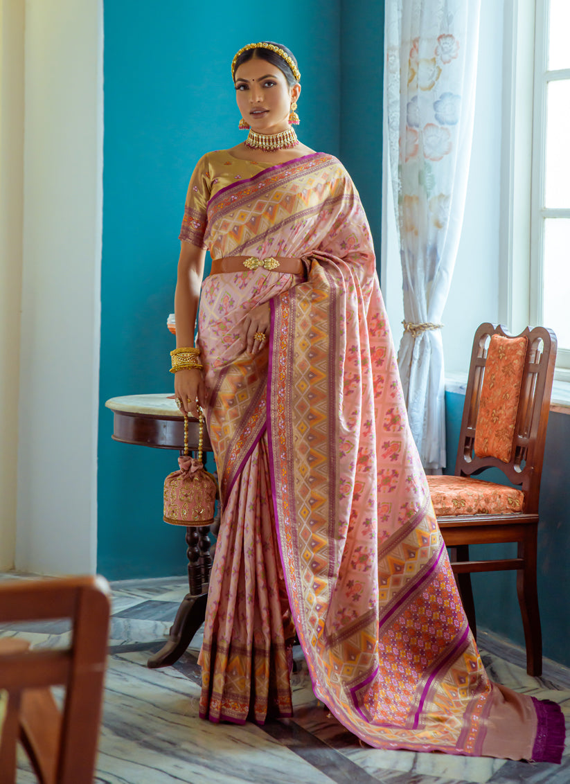 Baby Pink Banarasi Silk Meenakari Woven Saree