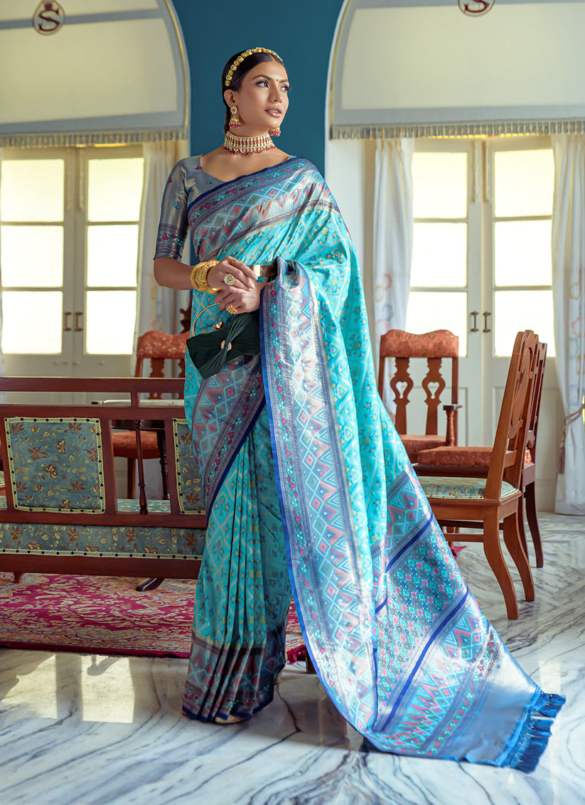 Firozi Banarasi Silk Meenakari Woven Saree