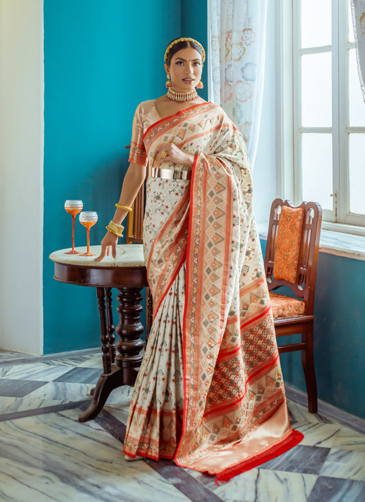 White Banarasi Silk Meenakari Woven Saree