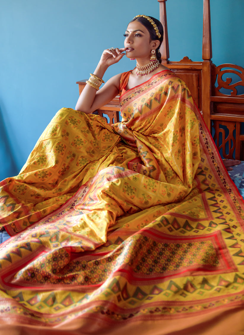 Mustard Yellow Banarasi Silk Meenakari Woven Saree