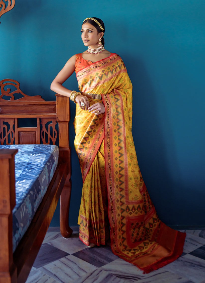 Mustard Yellow Banarasi Silk Meenakari Woven Saree