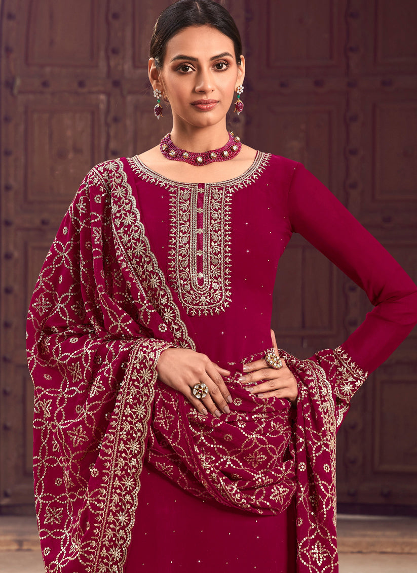 Magenta Georgette Embroidered Trouser Kameez