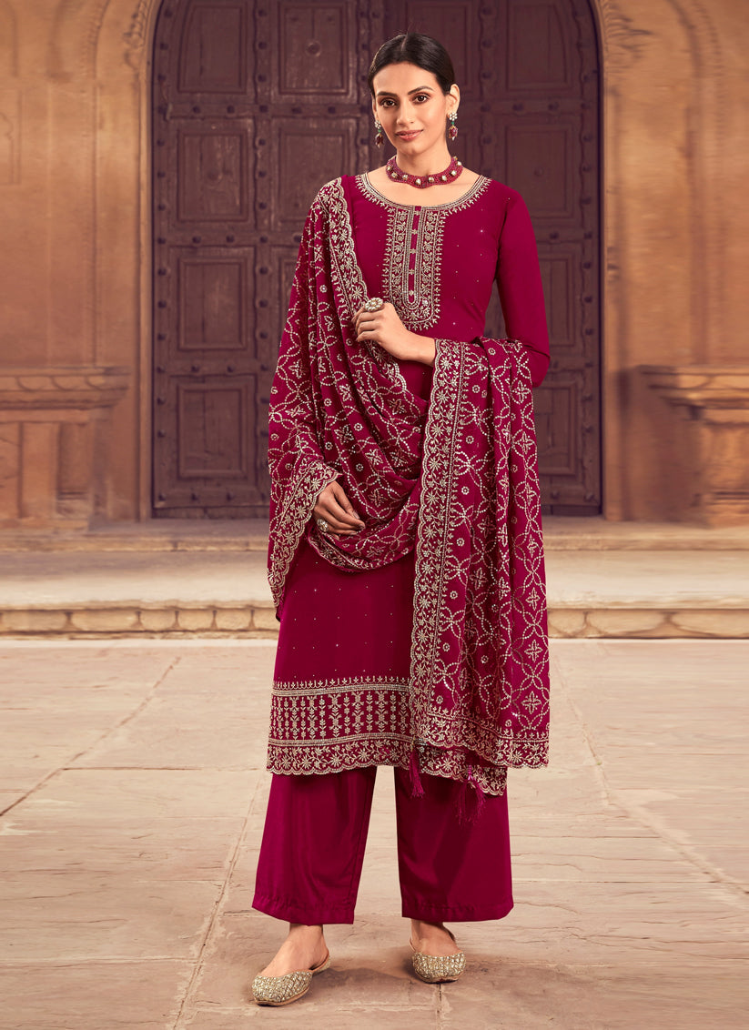 Magenta Georgette Embroidered Trouser Kameez