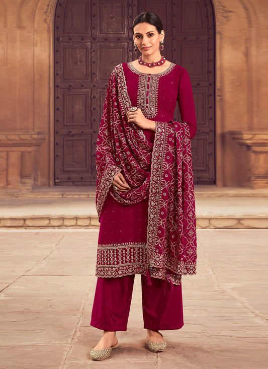 Magenta Georgette Embroidered Trouser Kameez