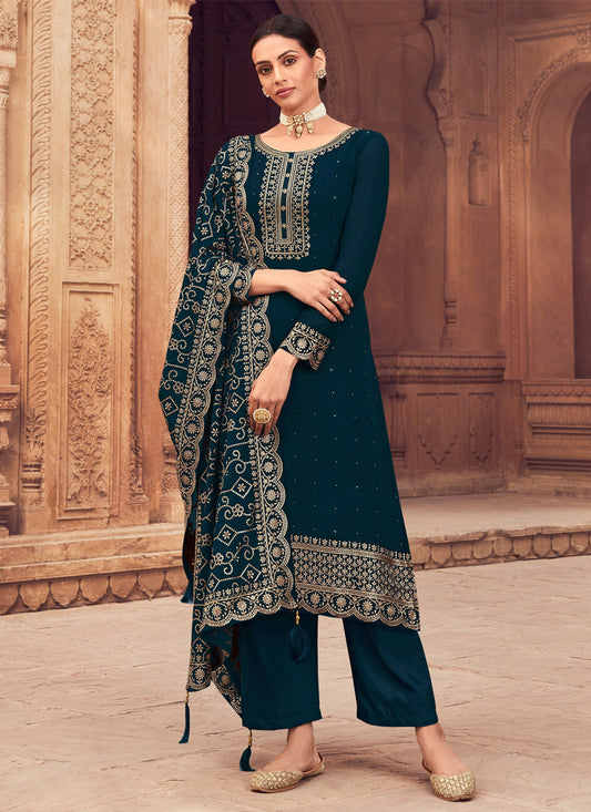 Prussian Blue Georgette Embroidered Trouser Kameez